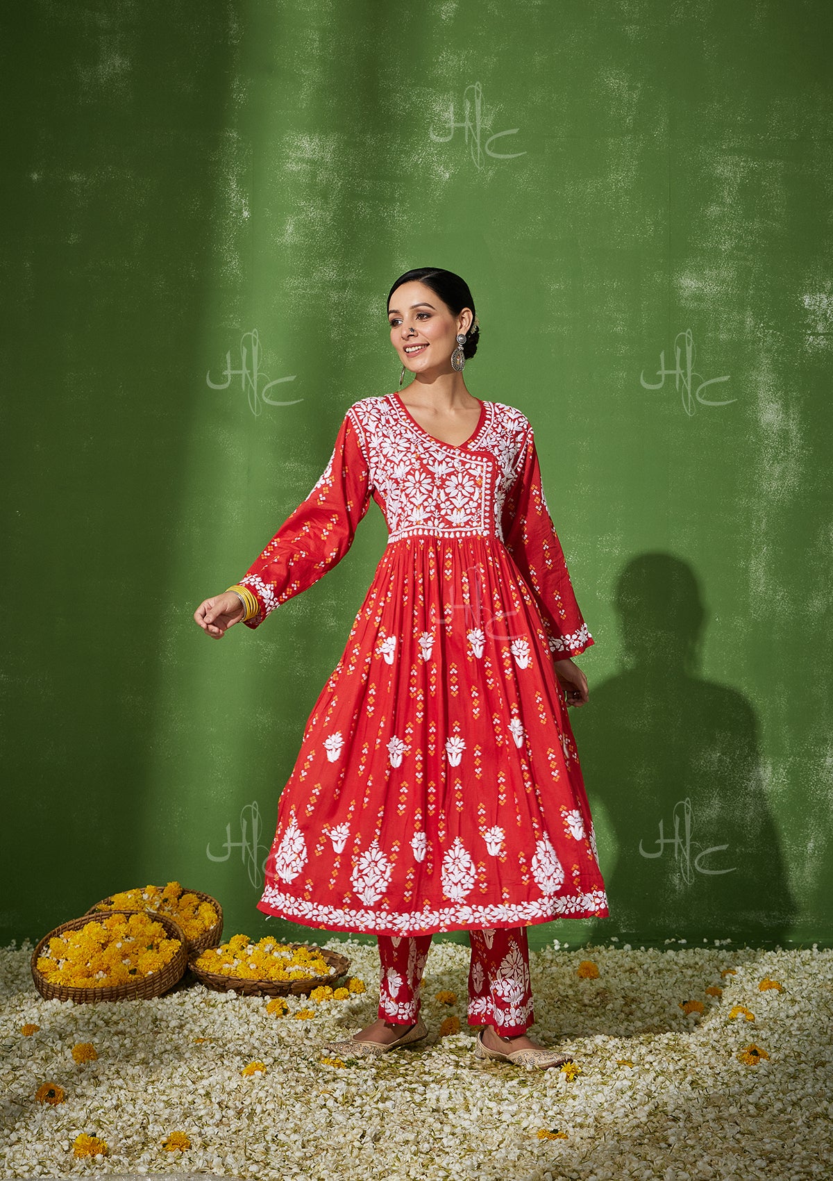 Mira Chikankari Mulmul Angrakha SetRedHouse of Chikankari