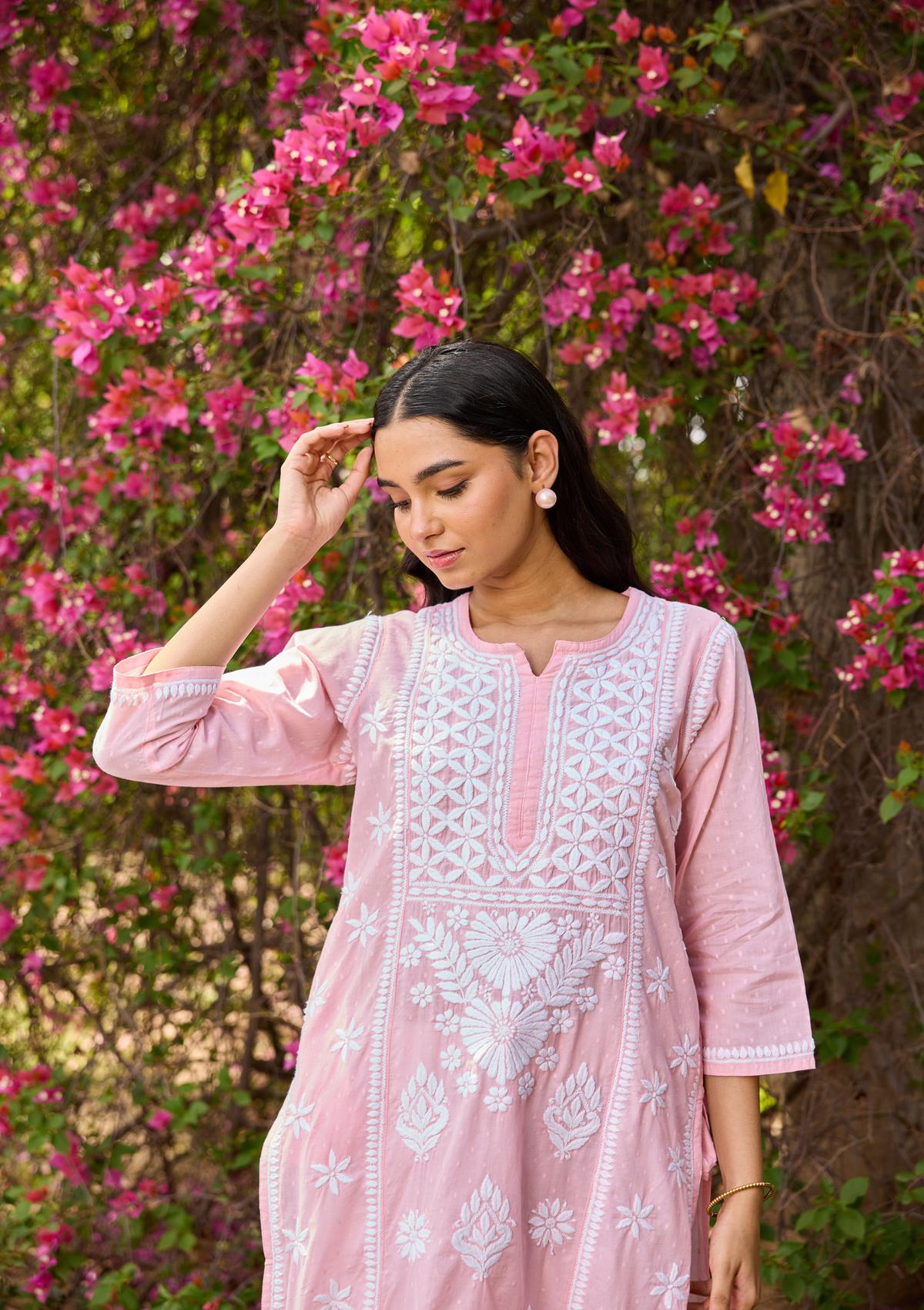 HOC Peach Cotton Chikankari Solid Long Kurta () Peach / 4XL
