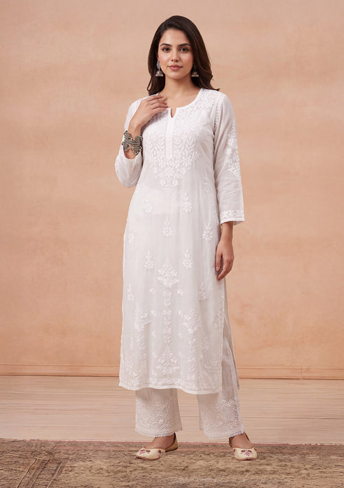 HOC Fenal Modal Chikankari Solid Women's Straight Kurta with Pockets - White