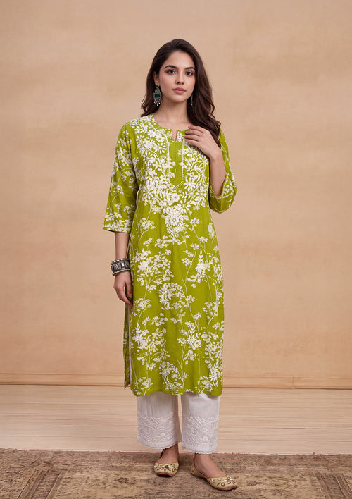 HOC Zainab Chikankari Mulmul Printed Straight Kurta -Green