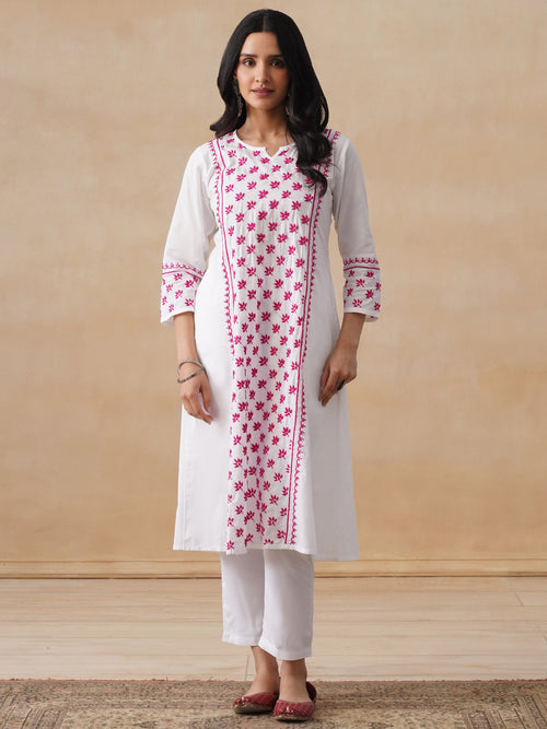 HOC Chikankari Solid A-Line Women's Long Kurta-White