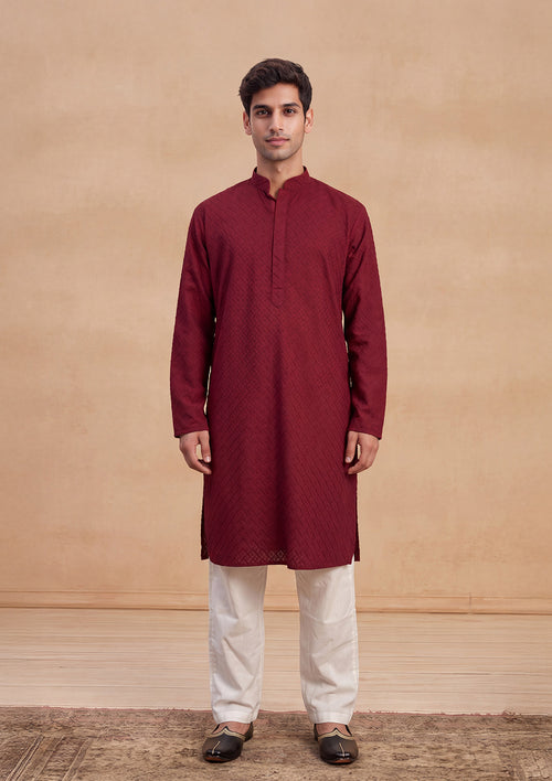 HOC Men Red Cotton Embroidered Kurta