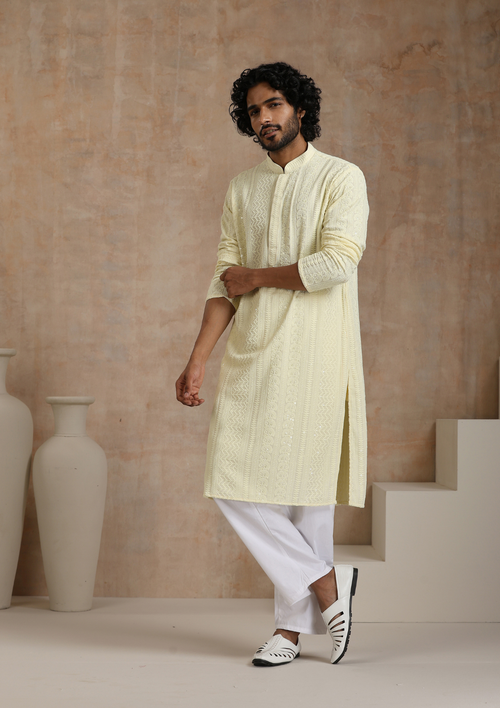 HOC Rayon Schiffli Solid Men's Long Kurta- Cream