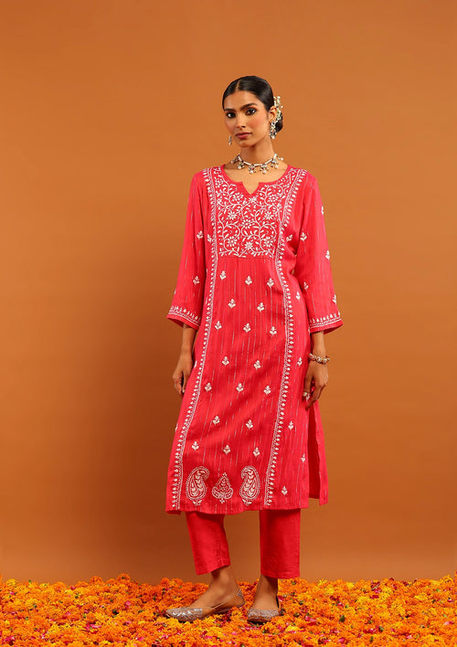 HOC Cotton Lurex Chikankari Solid Women's Long Kurta- Red
