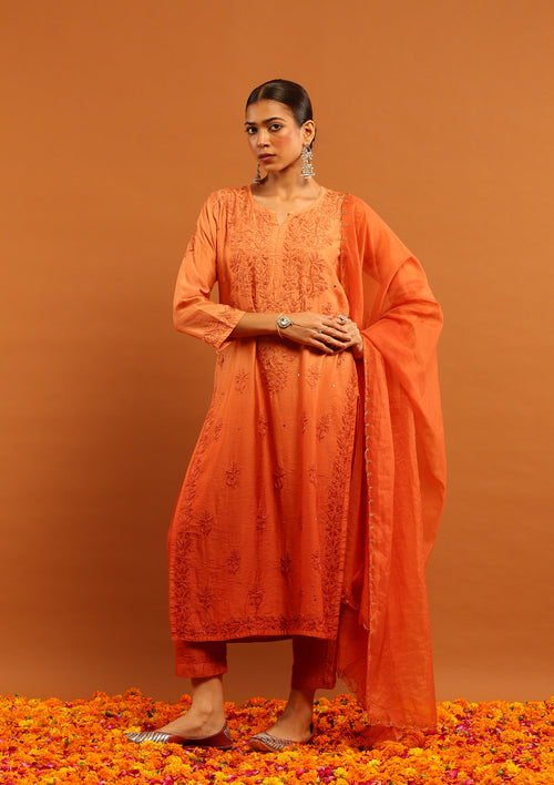 HOC Chanderi Chikankari Mukaish With Kamdani Work Solid Women's 3 PC Long Kurta Set - Orange