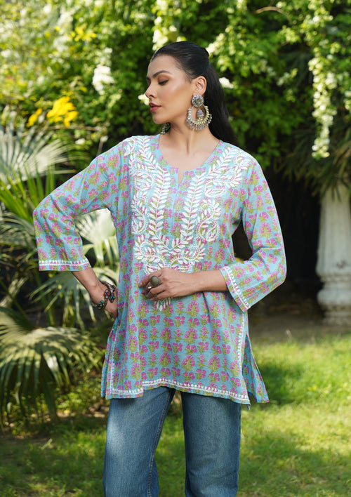 HOC Cotton Chikankari Printed Straight Women's Short Kurta-Light Blue