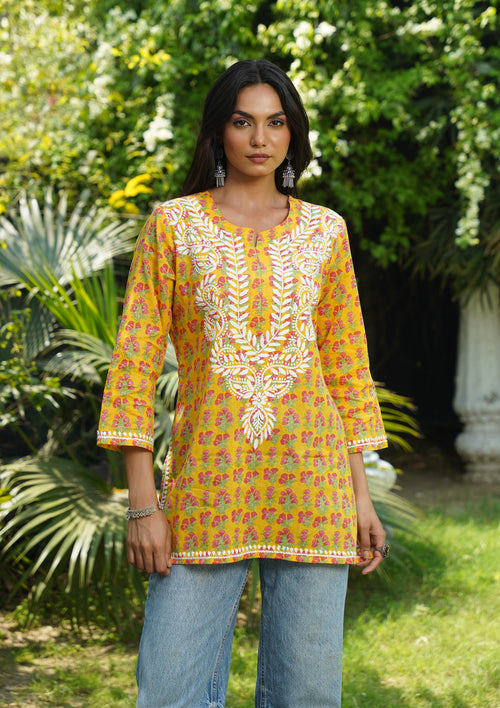 HOC Cotton Chikankari Printed Straight Women's Short Kurta-Yellow
