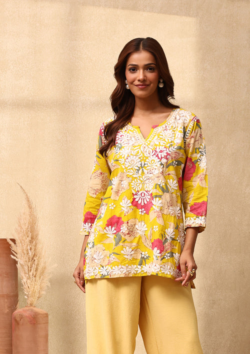 HOC Cotton Chikankari Printed Women's Short Kurta - Yellow