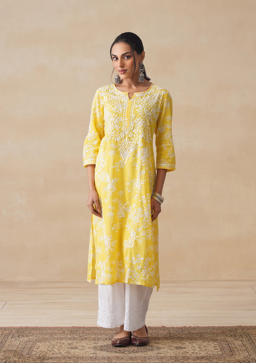 HOC Women Zainab Chikankari Printed Straight Kurta (Yellow)