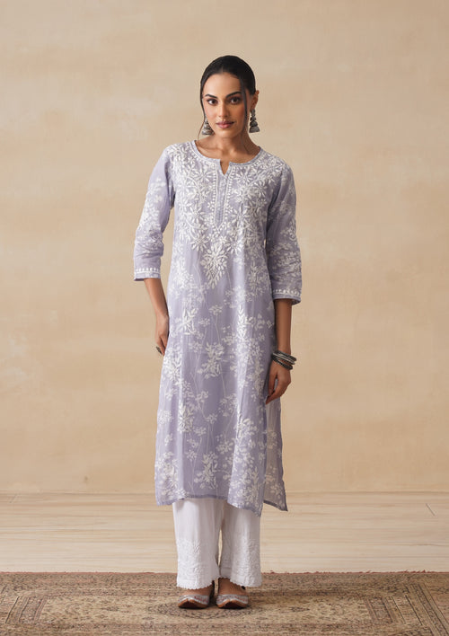 HOC Women Zainab Chikankari Printed Straight Kurta (Grey)