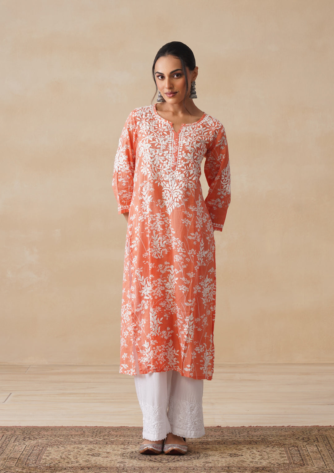 HOC Zainab Chikankari Mulmul Printed Straight Kurta -Orange