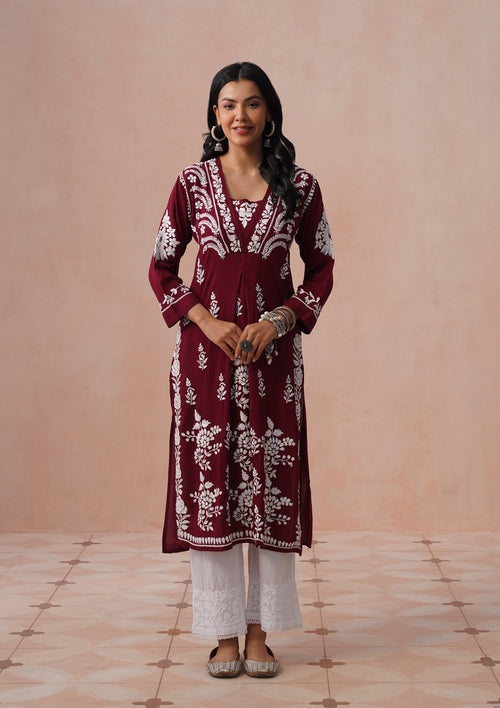 HOC Women Maroon Modal Chikankari Kurta