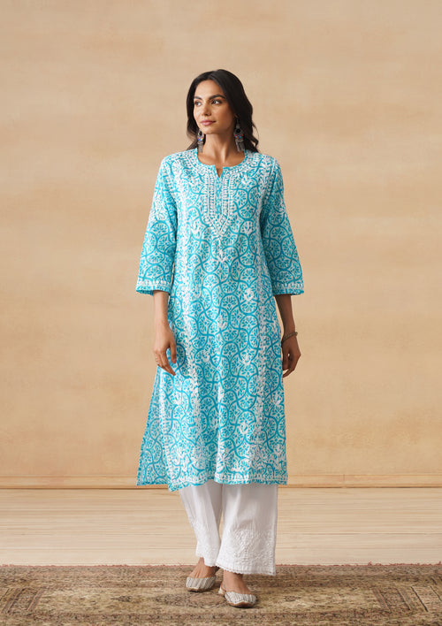 HOC Chikankari Printed Mulmul Straight Kurta