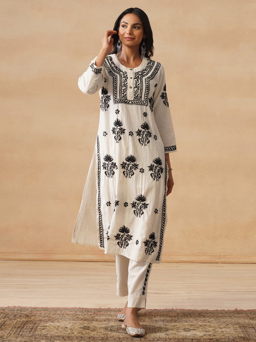HOC Chikankari Solid Cotton Linen Women's 2PC Long Kurta Set - Off White
