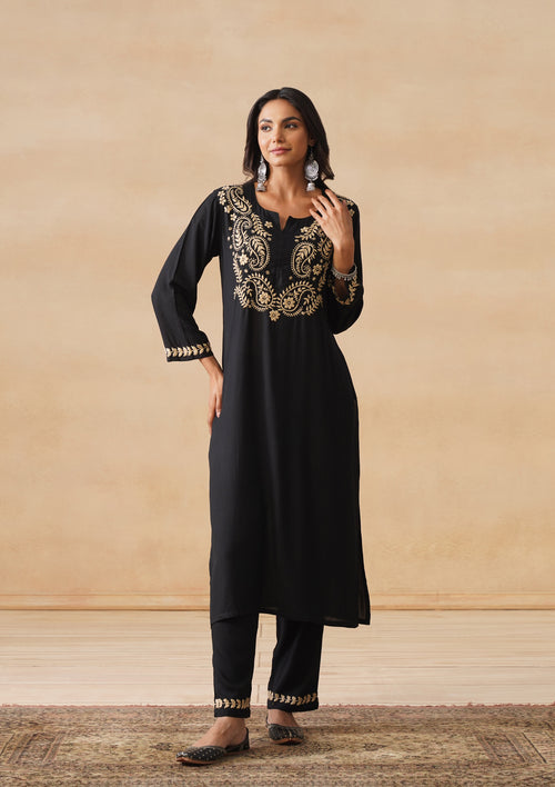 HOC Rayon Rubaab Chikankari Solid Women's 2 PC Long Kurta Set - Black