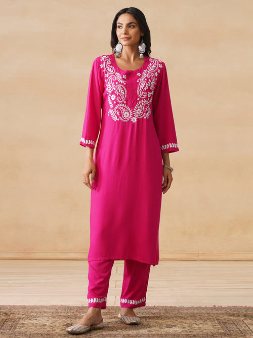 HOC Chikankari Solid Rayon Women's 2 PC Long Kurta Set - Fuchsia