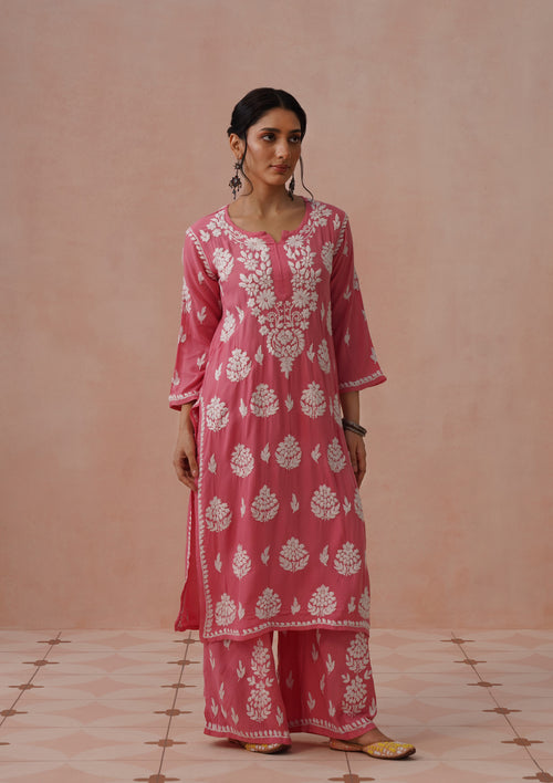 HOC Rayon Chikankari Solid Women's 2 PC Long Kurta Set - Pink