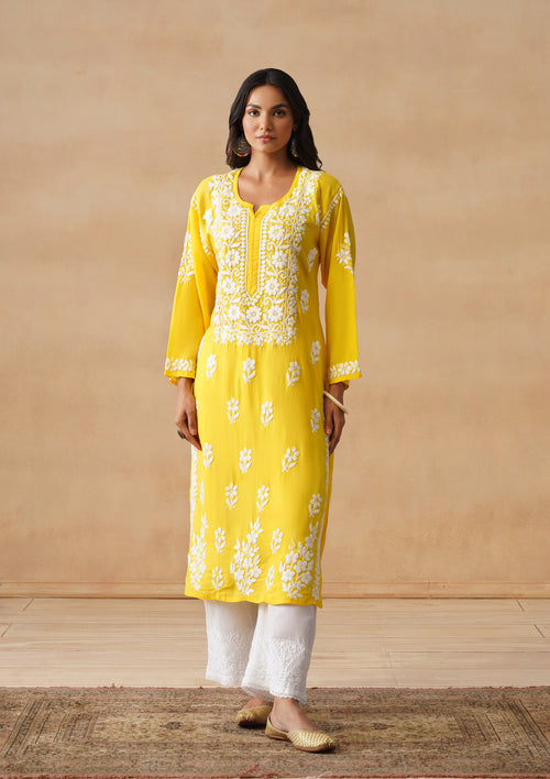 HOC Modal Chikankari Solid Women's Long Kurta - Yellow