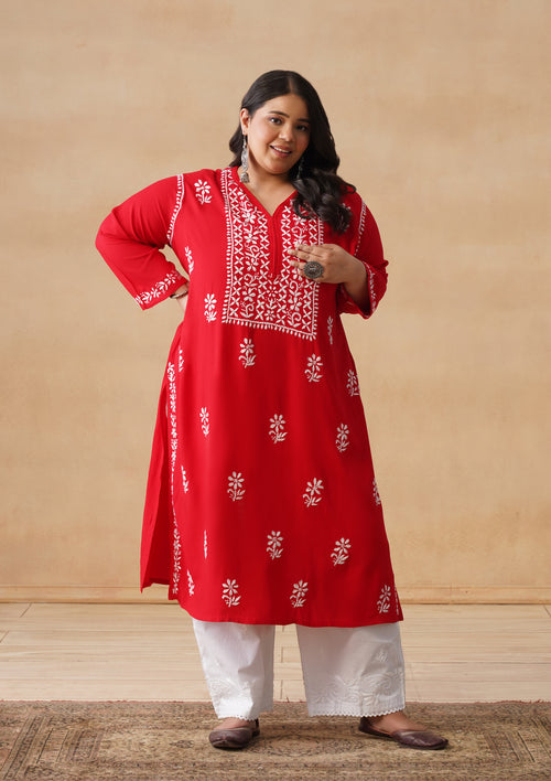 HOC Rayon Chikankari Solid Women's Long Kurta - Red