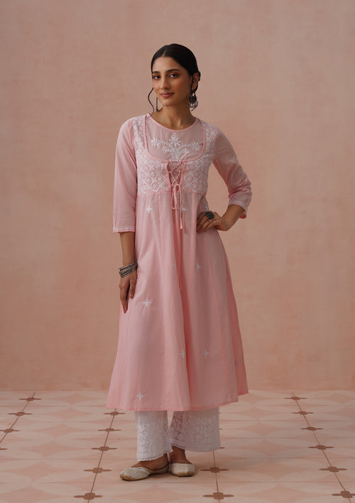 HOC Cotton Chikankari Mughal Solid Flared Women's Long Kurta - Pink