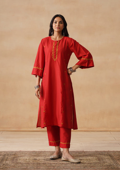 HOC Chanderi Chikankari Solid A-Line Women's Long Kurta Set - Red