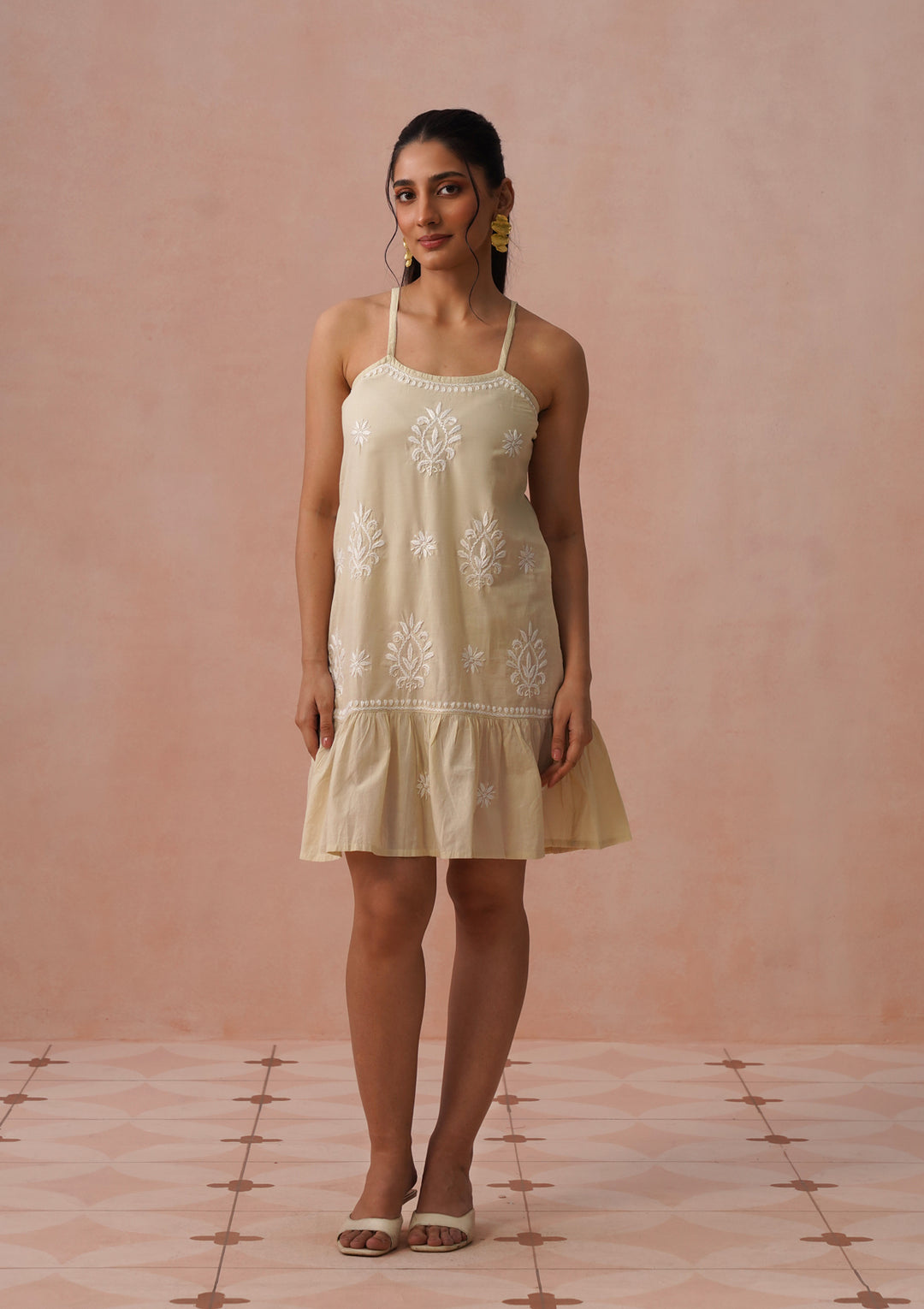 chikankari short dress ROSHA CHIKANKARI PEACH COTTON SHORT DRESS KRI CHIKANKARI
