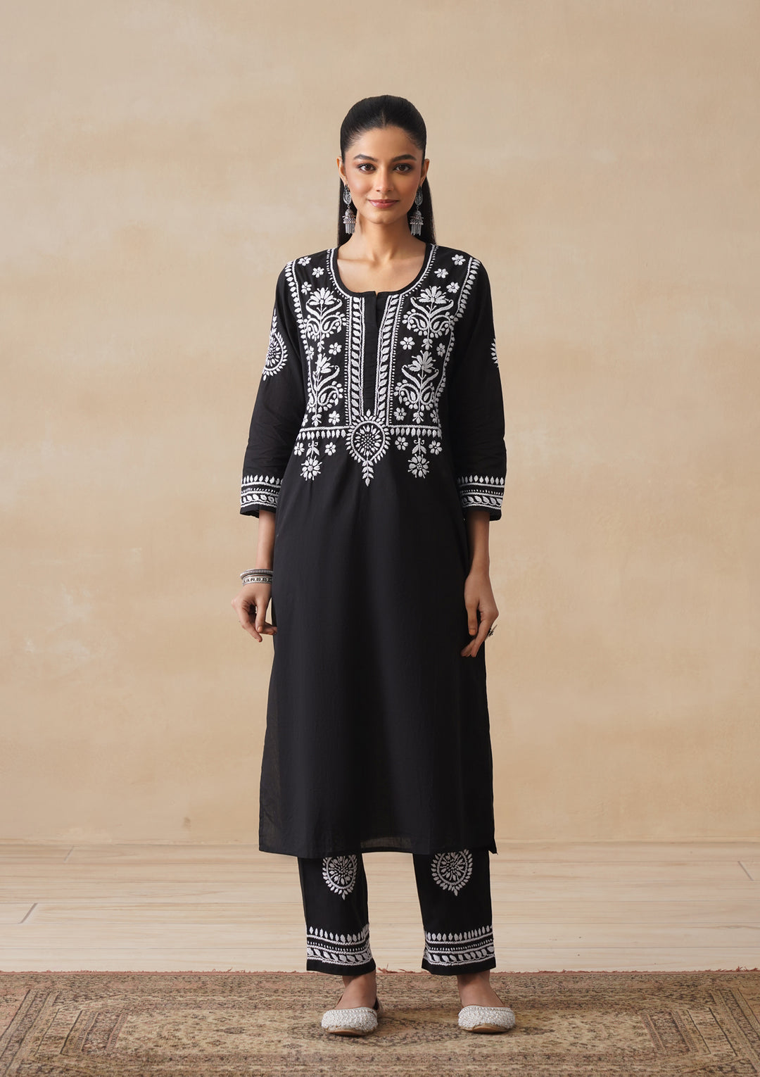 HOC Soha Chikankari Cotton Straight Kurta Set - Black
