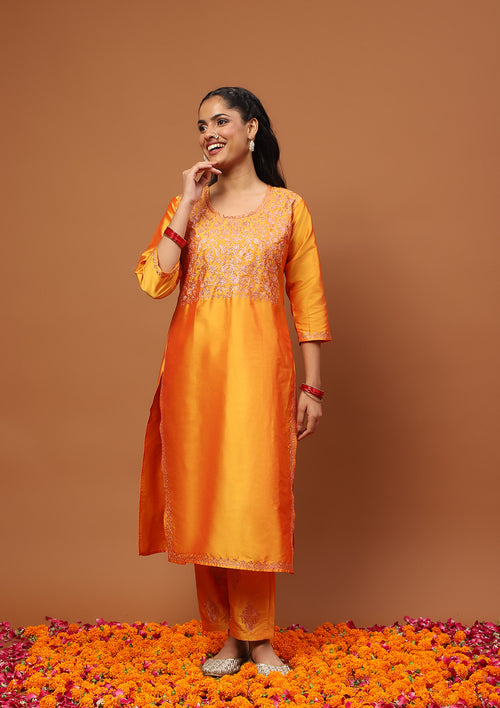 HOC Art Silk Embroidered Zari Work Solid Women's 2 PC Long Kurta Set - Mustard Yellow