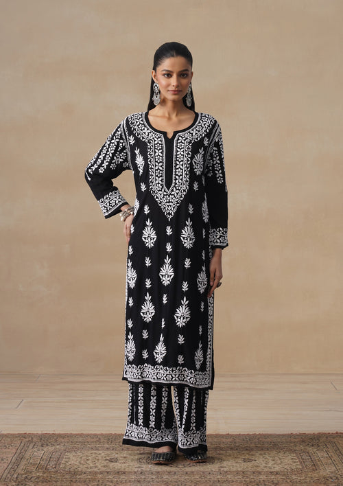 HOC Modal Chikankari Solid Women's 2 PC Long Kurta Set - Black