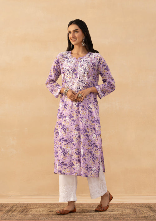 HOC Mulmul Chikankari Printed Women's Long Kurta - Purple