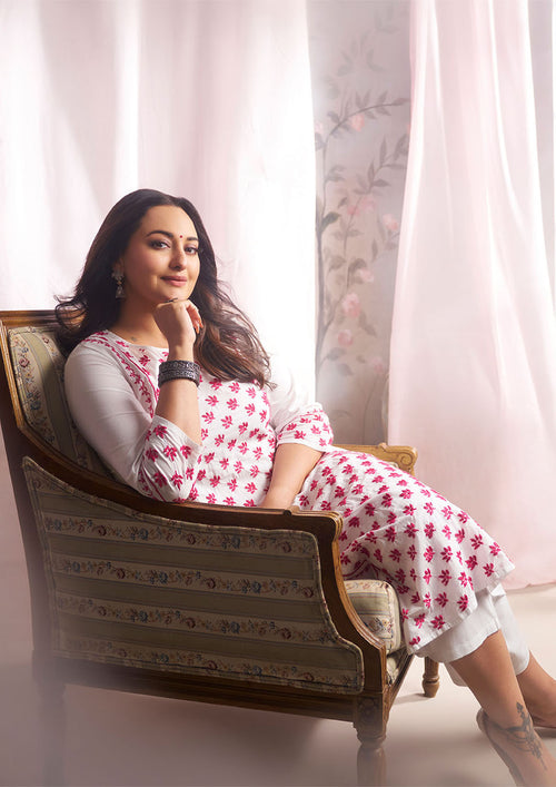 Sona Chikankari Solid A-Line Women's Long Kurta-White