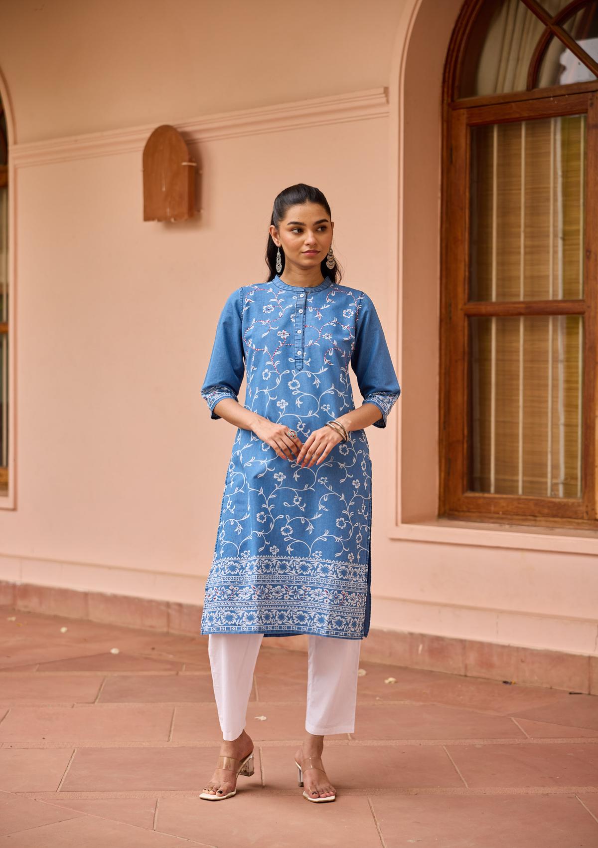 HOC Kantha Hand Embellished Denim Printed Women's Straight Kurta-Light Blue