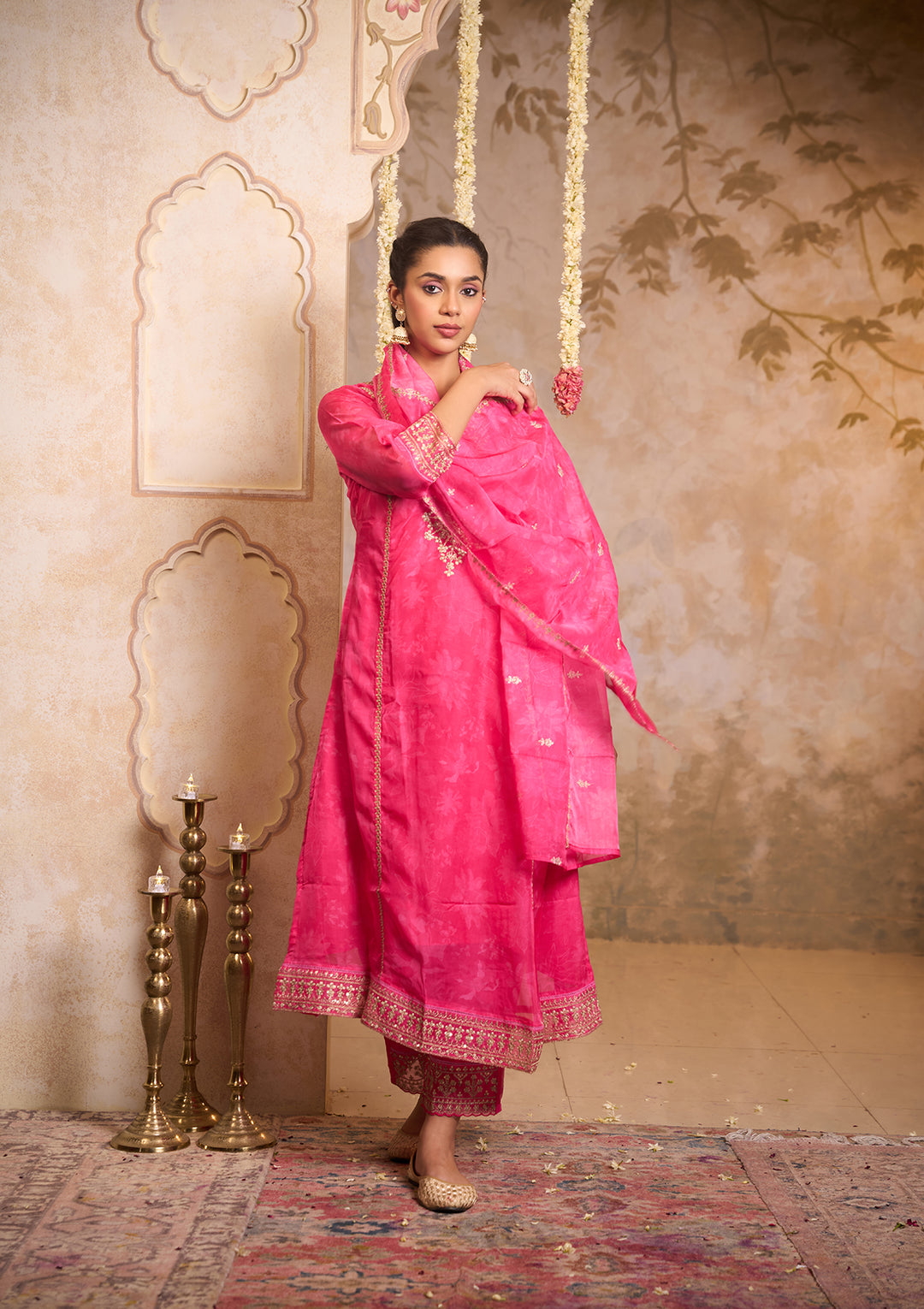 Order Pink Organza Zardozi Printed A Line Kurta Set for Women
