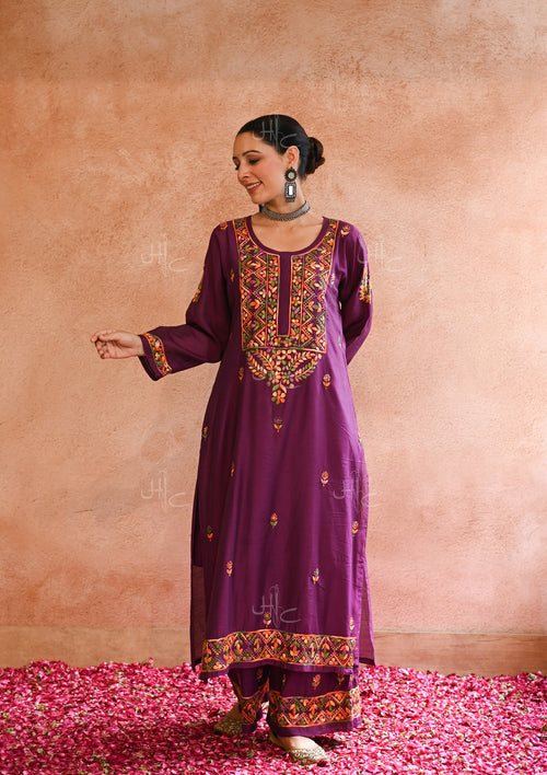 HOC Aafna Chikankari Chanderi Women's 2 PC Straight Kurta Set- Purple
