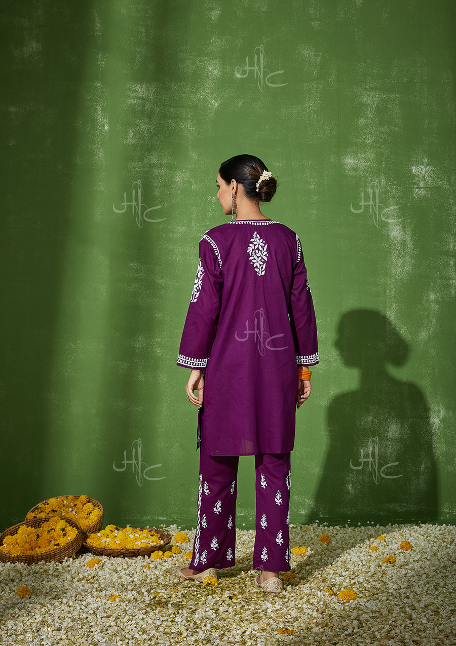 Aleena Chikankari Cotton Short Kurta Set Purple House of Chikankari