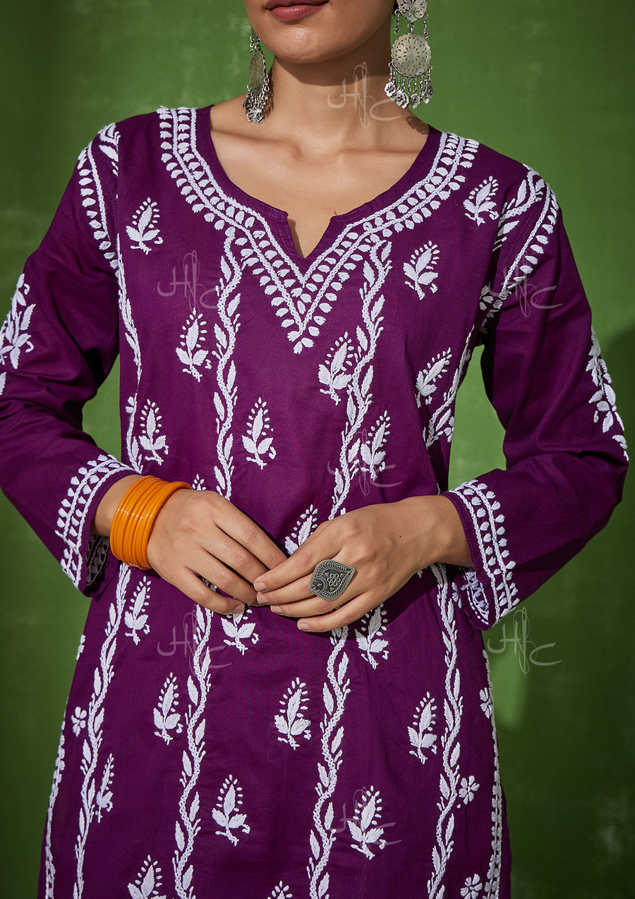 Aleena Chikankari Cotton Short Kurta Set Purple House of Chikankari
