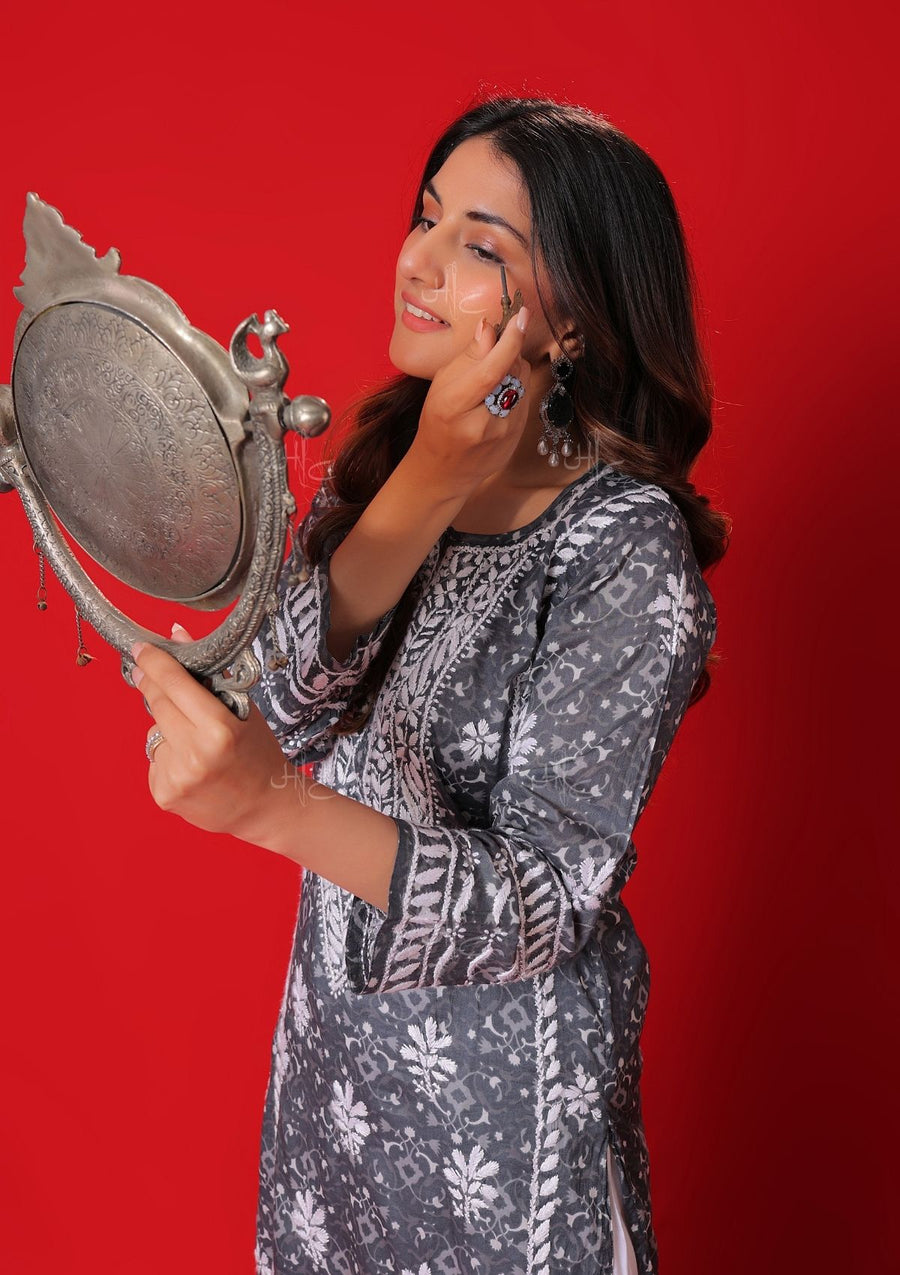 Mulmul Chikankari Printed Women's Long Kurta Grey House of Chikankari