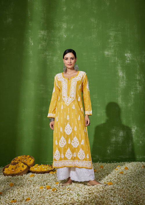 HOC Mira Chikankari Cotton Straight Kurta - Yellow