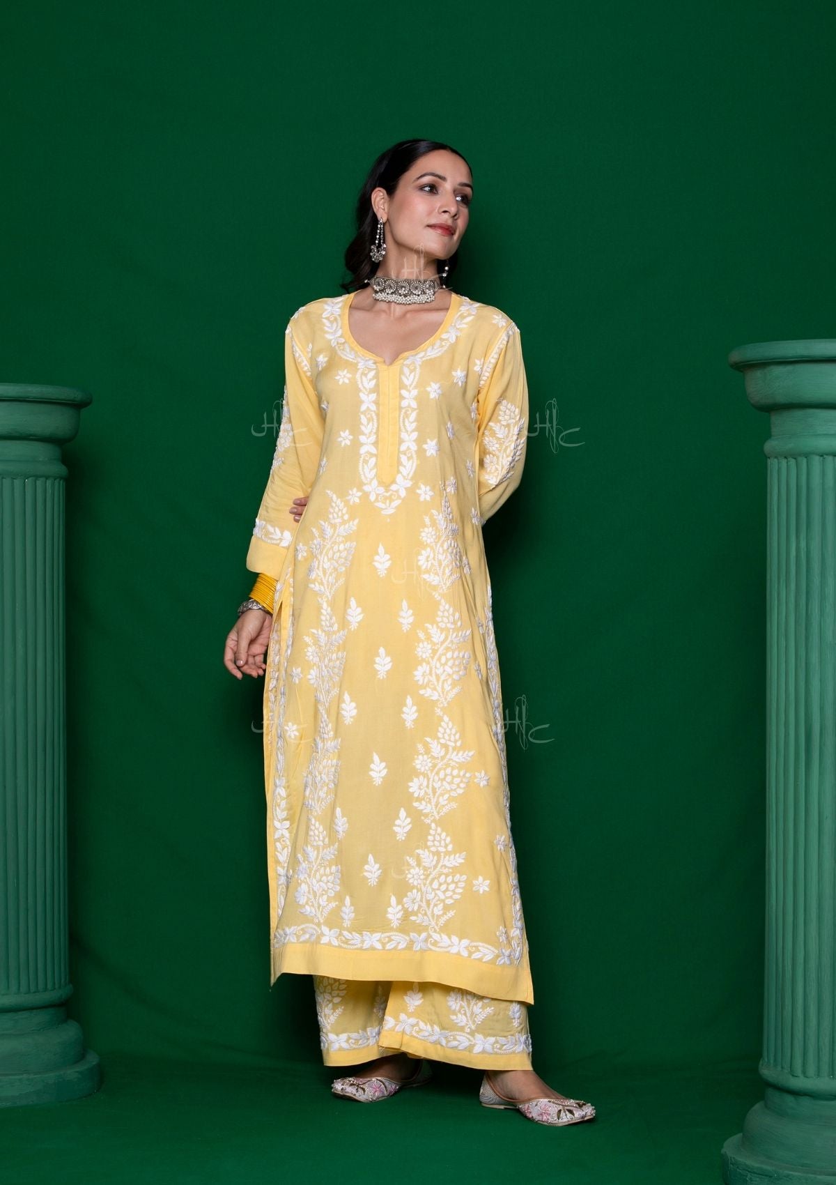 GoSriKi Kurta Donna Giallo Chikankari Misto Cotone - Taglie Forti Fino A 5XL