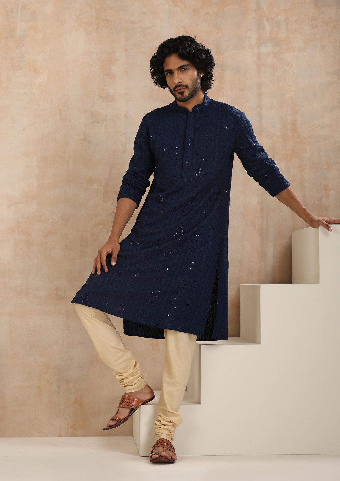 Navy Blue Rayon Schiffli Men's Long Kurta Festive Attire – House