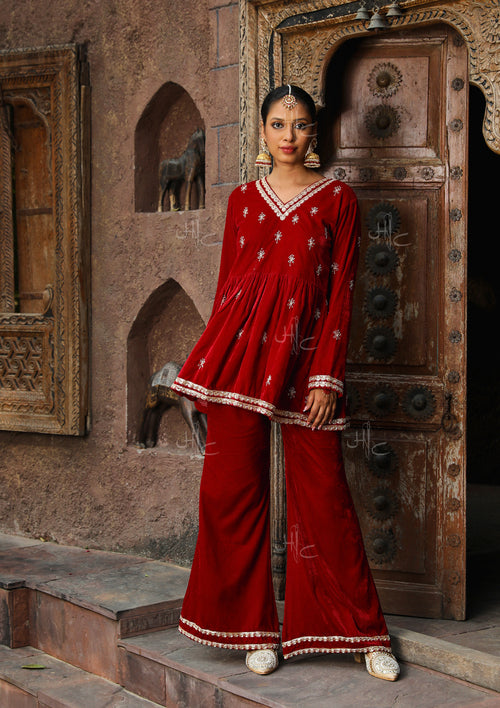 HOC Rumi Embroidered Velvet A-line Kurta Set