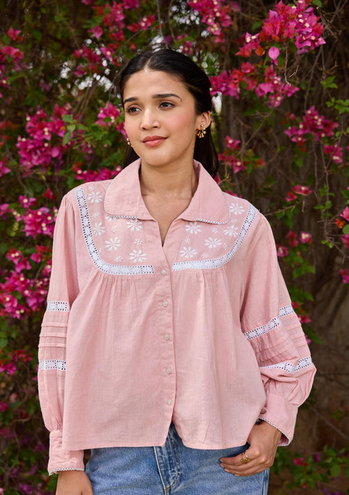 HOC Cotton Linen Blend Chikankari Solid Women's Shirt - Coral Pink