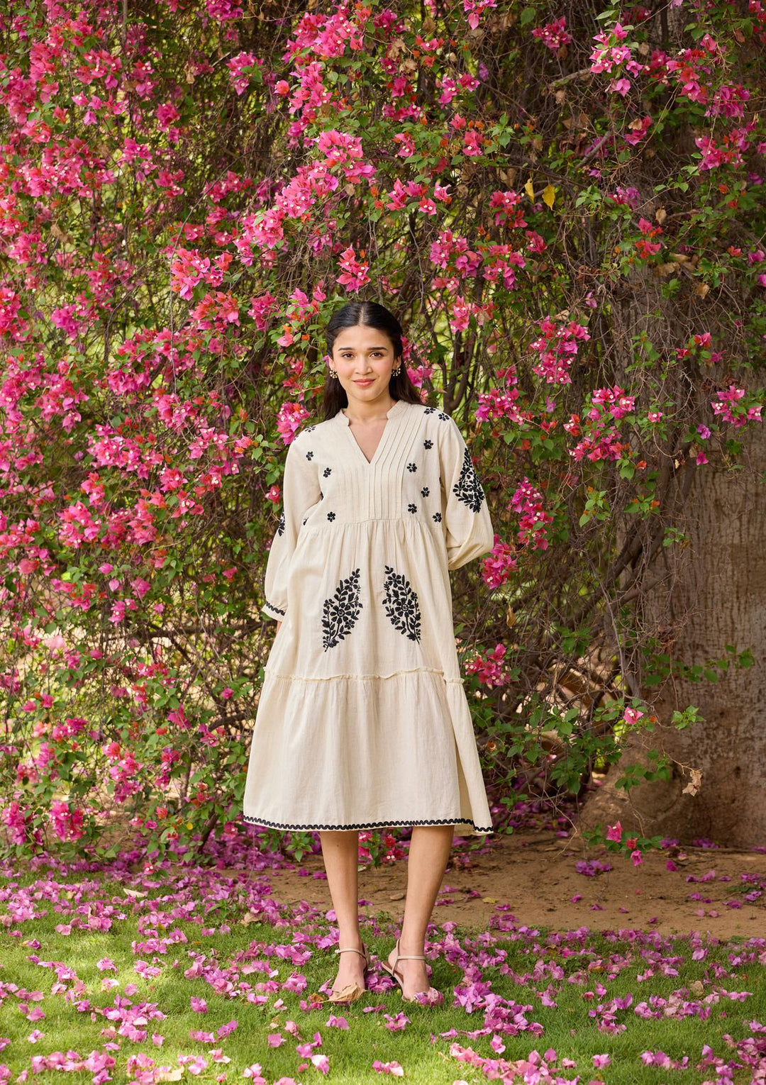 HOC Cotton Linen Blend Chikankari Solid Women's Long Dress - Off White Off White / M HOC Cotton Linen Blend Chikankari Solid Women's Long Dress - Off White Off White / M