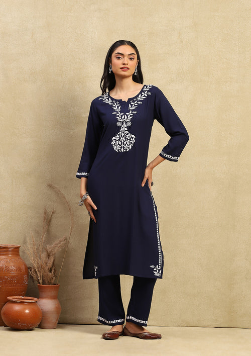 HOC Women Karima Chikankari Straight Kurta Set- Navy Blue