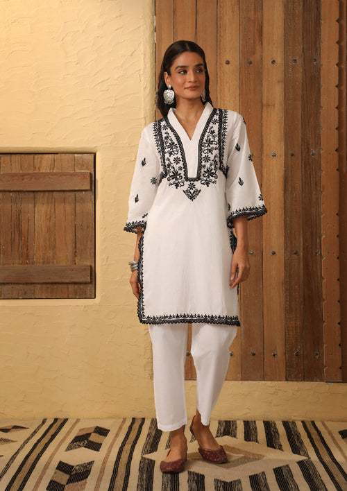 Cotton Chikankari Solid Women's 2 PC Short Kurta Set - White