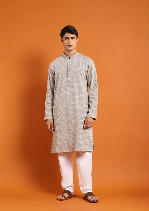 HOC Rayon Embroidered With Sequins Solid Men's Long Kurta- Light Grey