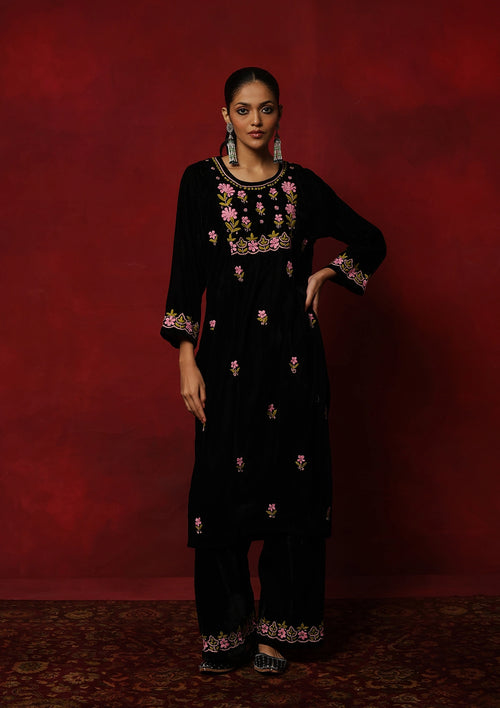 HOC Rumi Chikankari Velvet Straight Kurta Set