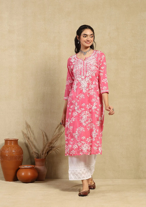 HOC Zainab Chikankari Mulmul Printed Straight Kurta -Pink